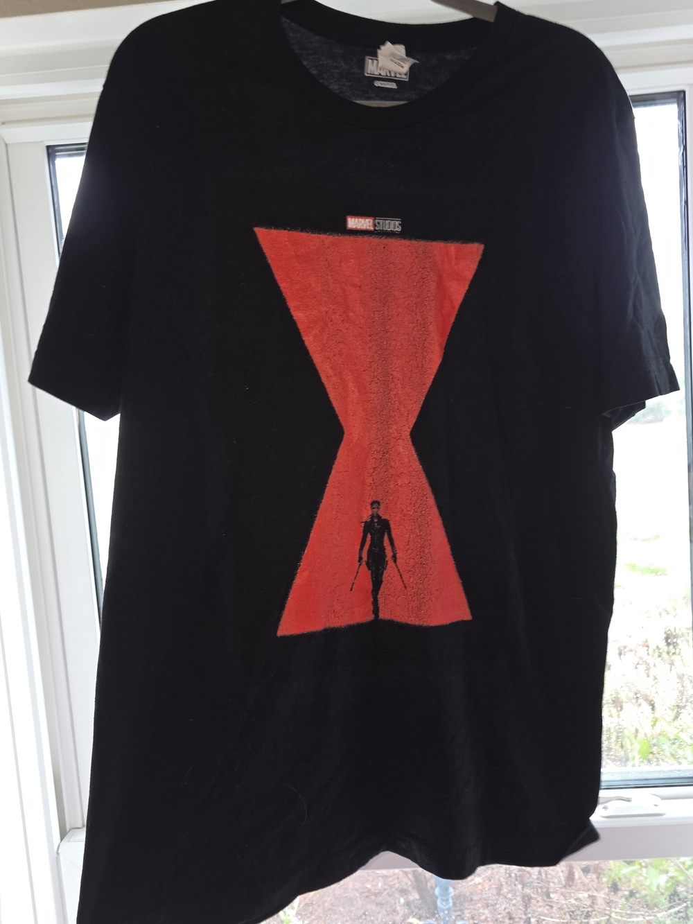 Marvel Black T-Shirt with Red Black Widow Hourglass Graphic